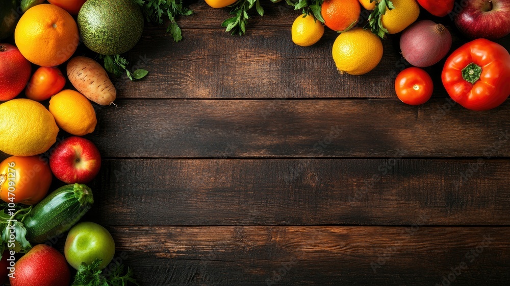 Top view of vibrant fruits and vegetables displayed on a wooden table, with large areas of copy space available for text or graphics Top view of vibrant fruits and vegetables displayed on a wooden table, with large areas of copy space available for text or graphics