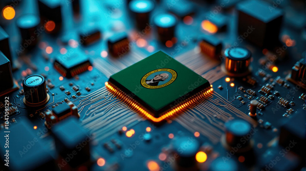 A Washington branded chip rests on a circuit board, surrounded by glowing components, representing significant contribution to advanced computing technology and hardware. A Washington branded chip rests on a circuit board, surrounded by glowing components, representing significant contribution to advanced computing technology and hardware.