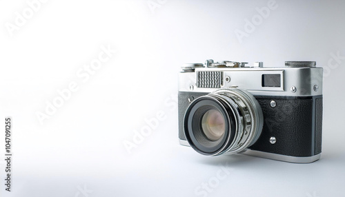 A vintage camera on side position provides copy space for text. background concept isolated white