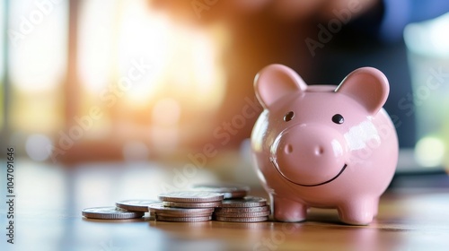 Piggy bank smiling surrounded by coins on a wooden table, representing savings and financial growth.