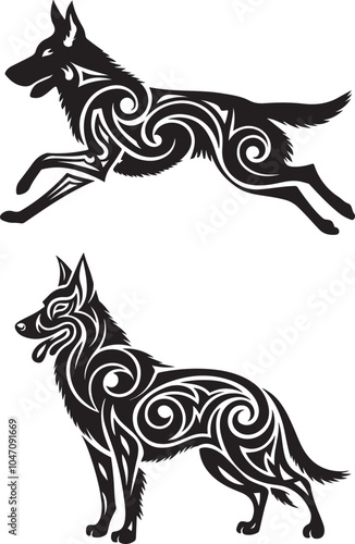 German Shepherd Dog Stylized Tribal Illustration Set