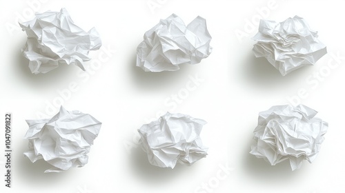 Six crumpled white paper balls isolated on white background.