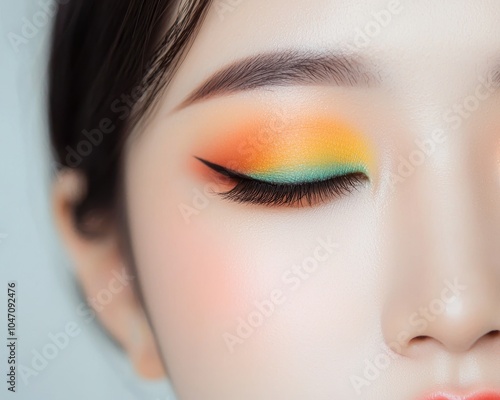 Close-up of a woman's eye with vibrant makeup, showcasing bright colors and flawless lashes. photo