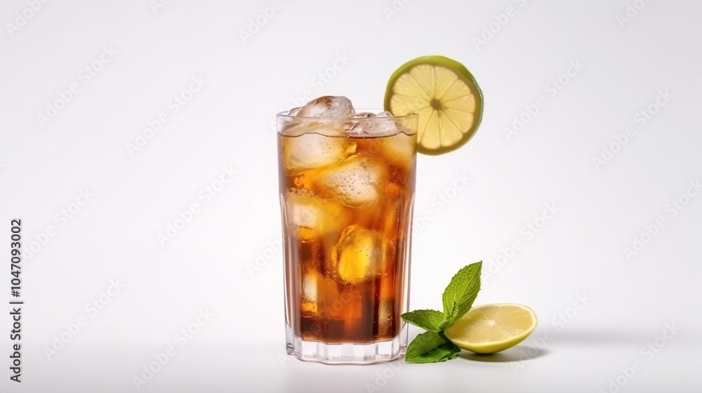 A tall glass of iced tea with lime and mint garnishes, on a white background. A tall glass of iced tea with lime and mint garnishes, on a white background.