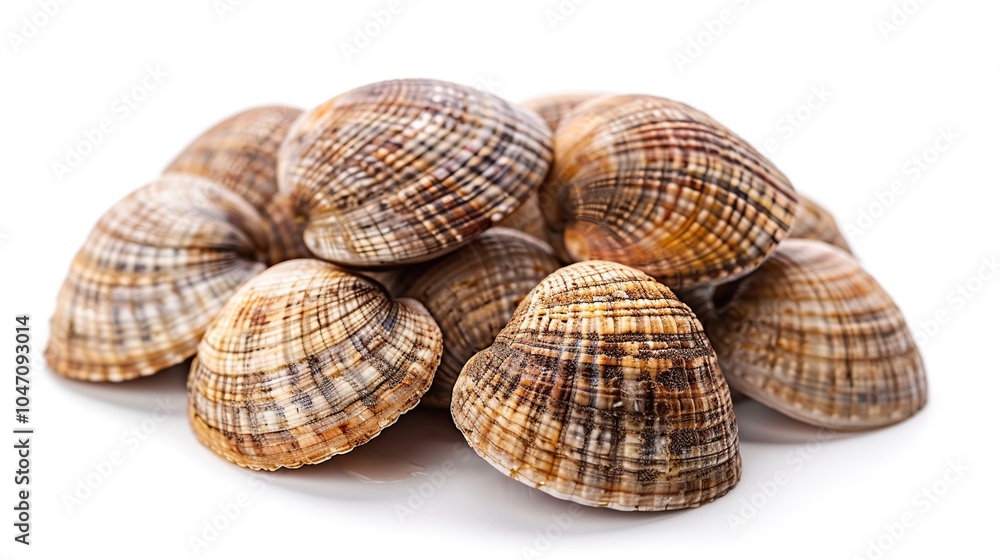 A pile of fresh cockles, with their brown and tan shells, isolated on a white background. A pile of fresh cockles, with their brown and tan shells, isolated on a white background.
