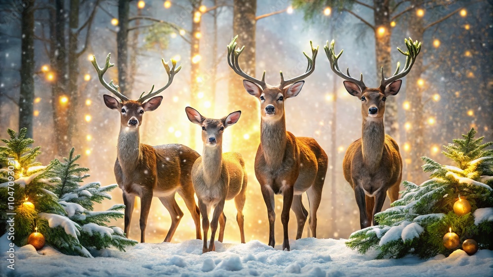 Fototapeta premium Deers Celebrating Christmas in a Winter Wonderland – A Heartwarming Documentary Scene