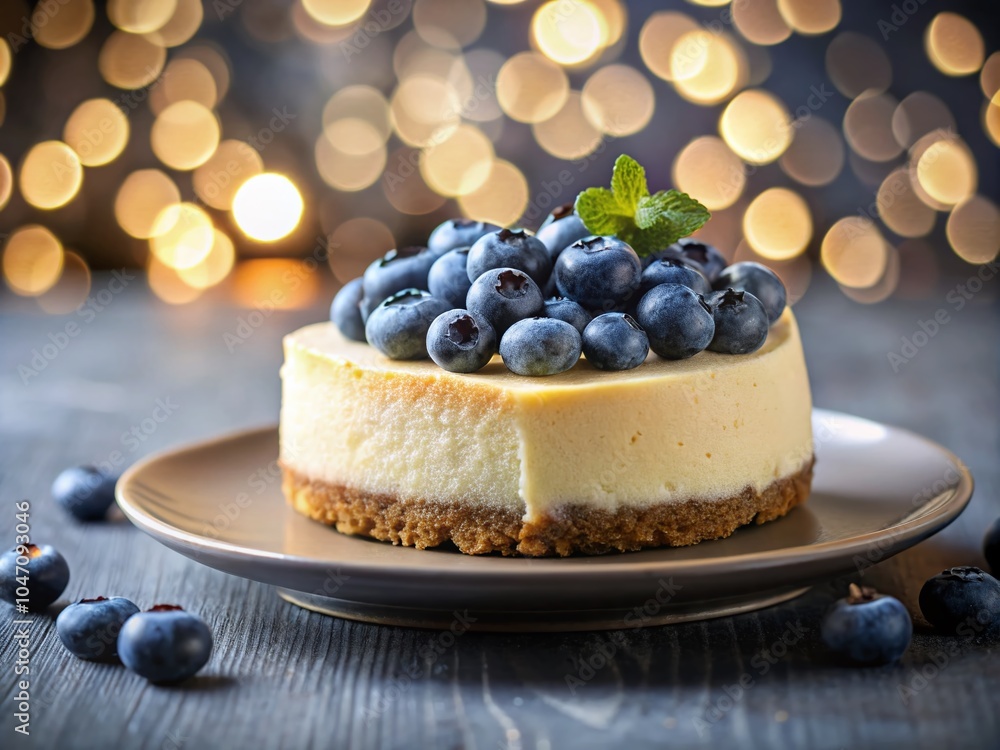Delicious Cheesecake with Blueberries on Gray Plate - Bokeh Background for Food Photography Delicious Cheesecake with Blueberries on Gray Plate - Bokeh Background for Food Photography