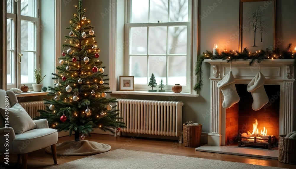 simple living room decorated with christmas decor, sofa, christmas tree, lights, fireplace simple living room decorated with christmas decor, sofa, christmas tree, lights, fireplace