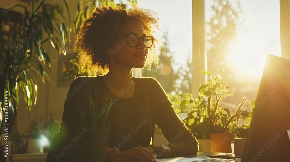 Obraz premium A woman with curly hair sits at desk, gazing thoughtfully out window as sunlight streams in, illuminating plants around her. warm glow creates serene atmosphere
