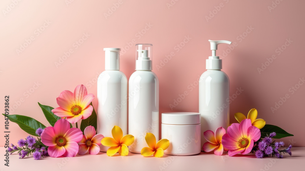 Beauty products arranged with flowers on a table. Beauty products arranged with flowers on a table.
