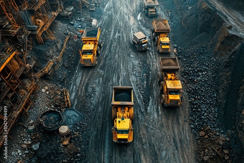 Aerial View of Yellow Dump Trucks on a Gravel Road photo