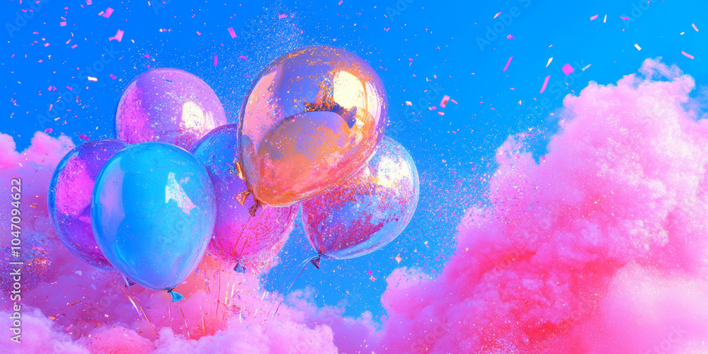 Colorful balloons float against vibrant blue sky, surrounded by fluffy pink clouds and confetti, creating festive and joyful atmosphere Colorful balloons float against vibrant blue sky, surrounded by fluffy pink clouds and confetti, creating festive and joyful atmosphere