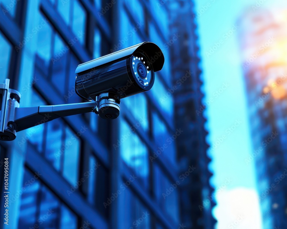 Surveillance camera mounted on building, capturing urban environment, blue hue background, modern architecture. Surveillance camera mounted on building, capturing urban environment, blue hue background, modern architecture.