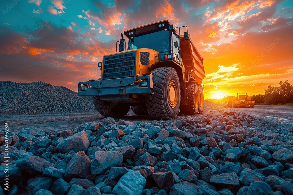 Large Yellow Dump Truck at Sunset on Gravel Road Large Yellow Dump Truck at Sunset on Gravel Road
