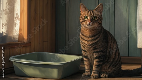 Domestic tabby cat sitting next to a litter box indoors photo