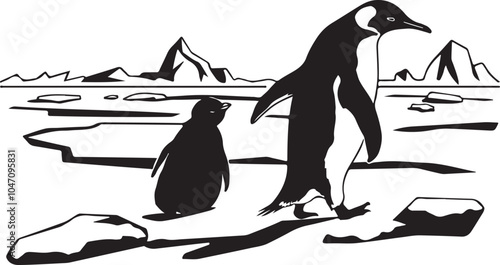 Penguin and Chick Silhouette Vector Graphic Illustration