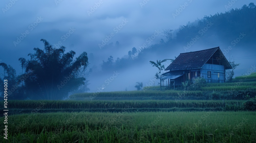 A Lonely Cabin Nestled in Foggy Rice Paddies A Lonely Cabin Nestled in Foggy Rice Paddies