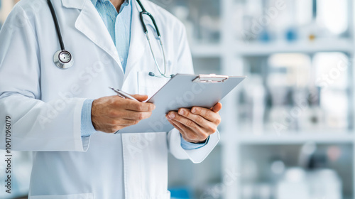 Wallpaper Mural A healthcare professional in white coat holds clipboard and pen, ready to document important information in clinical setting. atmosphere conveys professionalism and care Torontodigital.ca