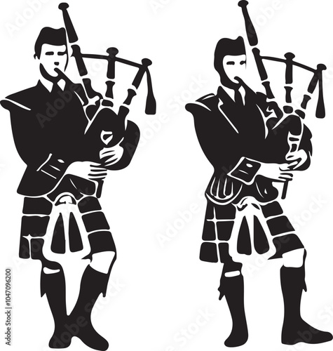 Scottish Bagpiper Silhouette Stylized Vector Illustration Set 