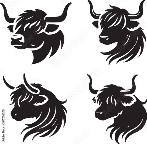 Scottish Highland Cow Stylized Vector Illustration Set