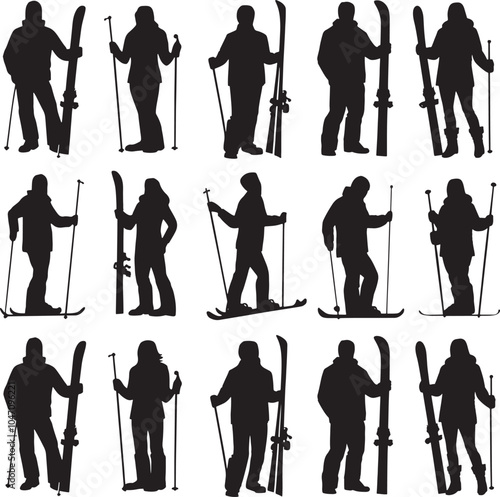 Ski Snowboarding People Silhouette Vector Graphic Set