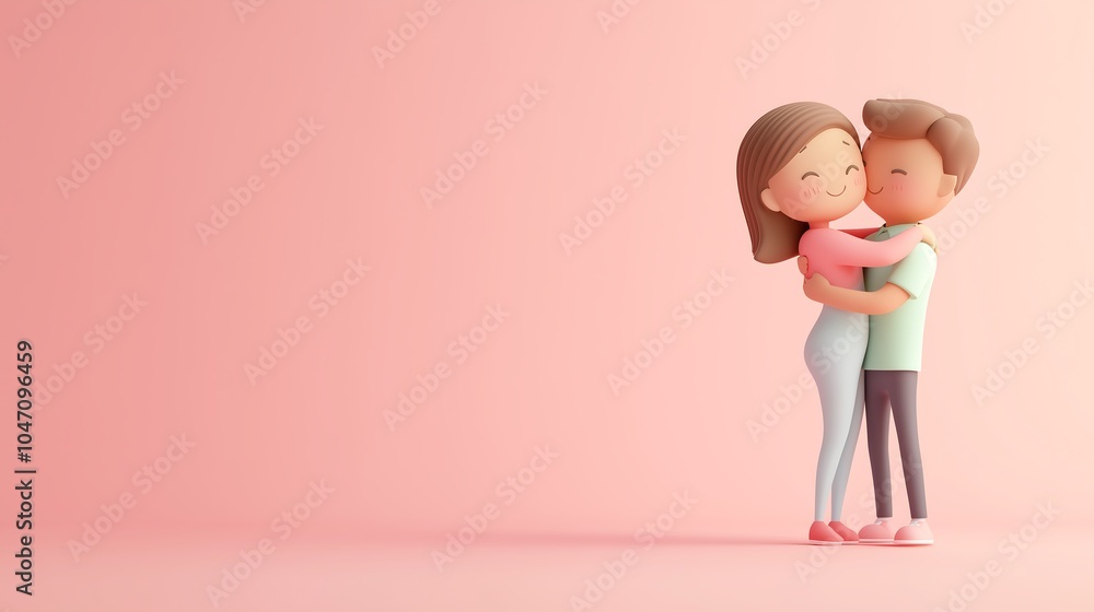 A cute 3D cartoon icon rendering of a slender male and female character hugging each other, creating a warm and adorable atmosphere. A cute 3D cartoon icon rendering of a slender male and female character hugging each other, creating a warm and adorable atmosphere.