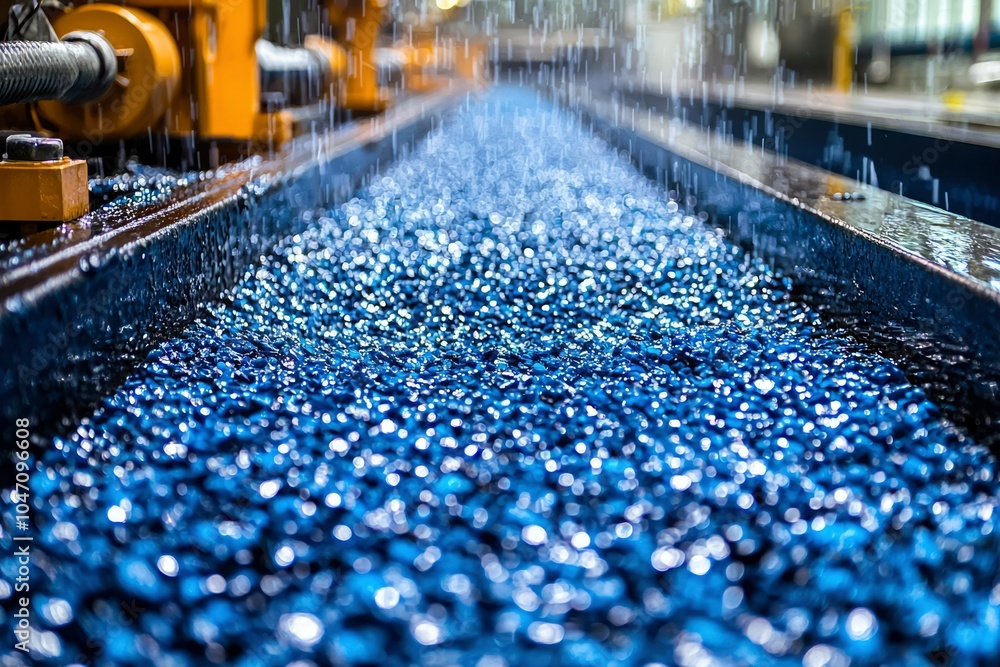 Fototapeta premium Blue Pebbles Flowing Down a Conveyor Belt in a Factory Setting