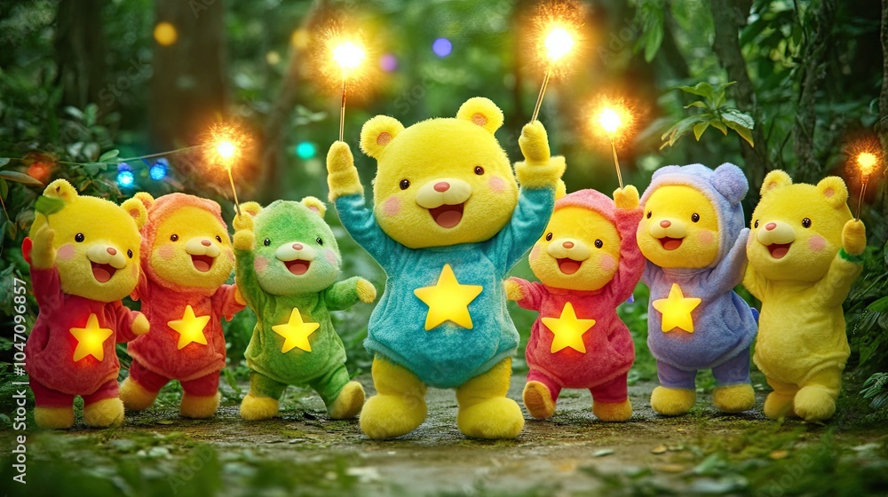 Obraz premium A group of cartoon animals, dressed in colorful sports clothes, hold glowing torches as they march together in a lively sports competition.