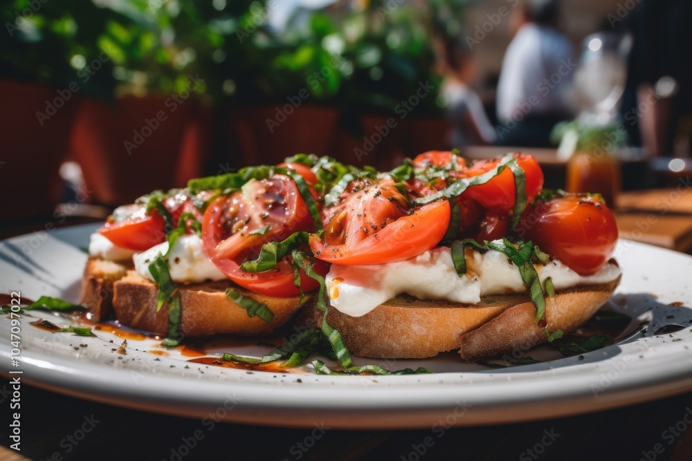 Bruschetta served on plate at table in Rome Bruschetta served on plate at table in Rome