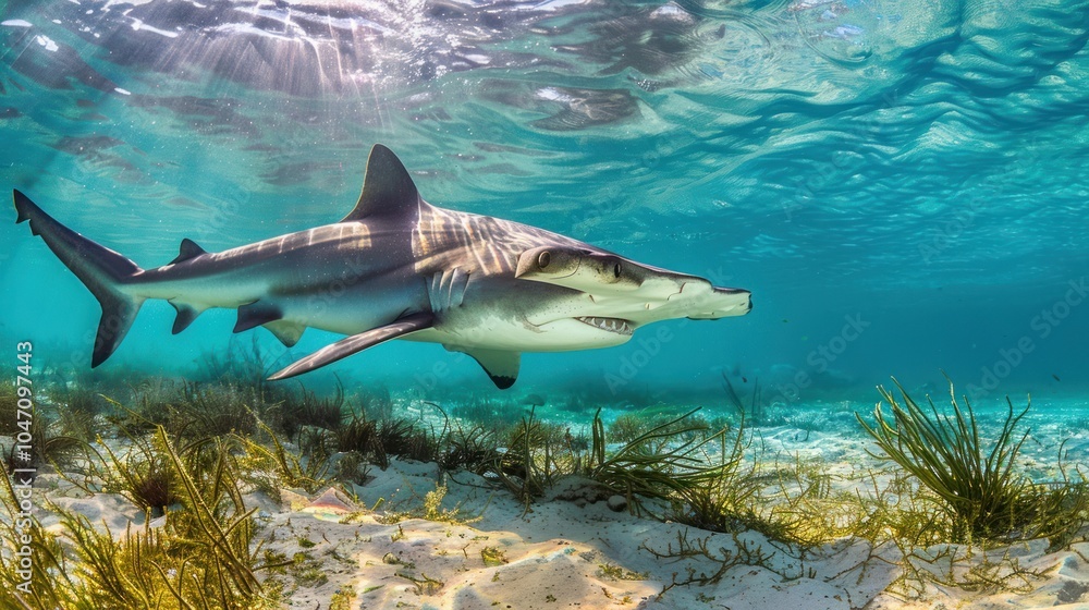 Obraz premium Hammerhead Shark Swimming Through Clear Blue Water