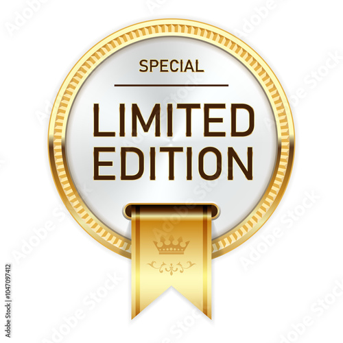 Limited edition medal with gold ribbon, special series badge or insignia, particular premium product, vector