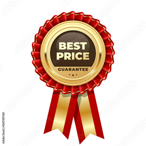 Red rosette Best Price guarantee, badge or medal with word best cost, award insignia, vector