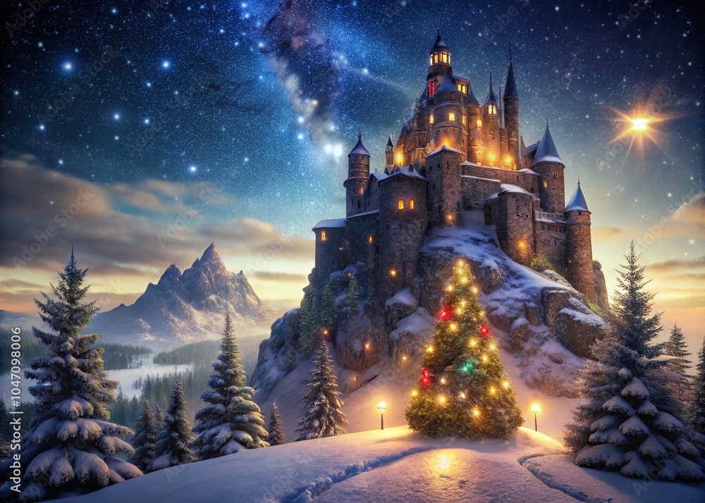 Naklejka premium Enchanting Castle Rock Christmas Scene with Snow, Lights, and Festive Decor