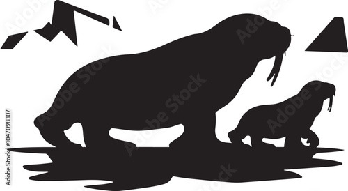 Walrus and Baby Silhouette Vector Graphic