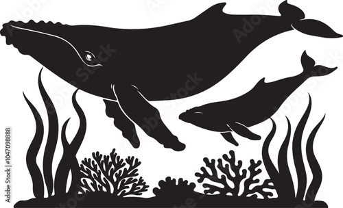 Whale and Calf Silhouette Vector Graphic