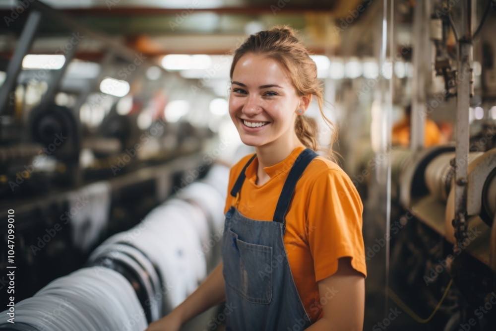 Smiling portrait of a young woman working in factory Smiling portrait of a young woman working in factory