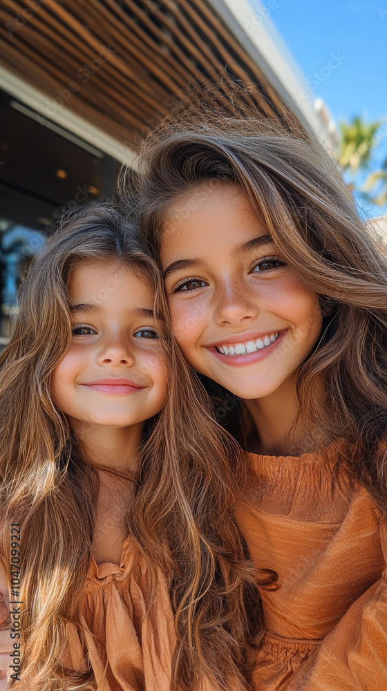 Happy mother and daughter smiling together, enjoying fun day out in sun. Their joyful expressions and beautiful hair capture moment of love and connection Happy mother and daughter smiling together, enjoying fun day out in sun. Their joyful expressions and beautiful hair capture moment of love and connection