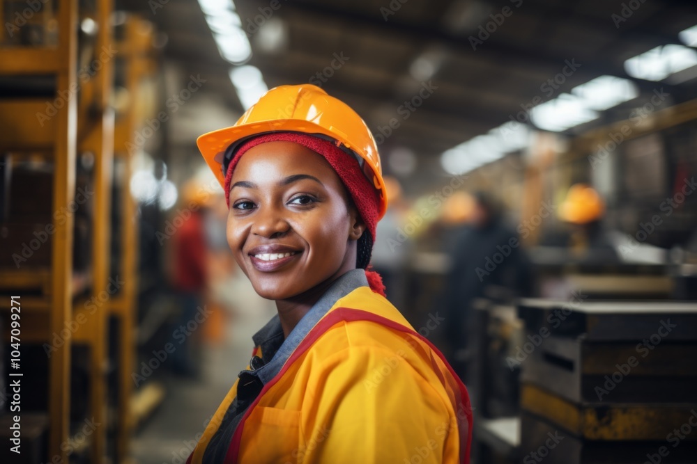 Smiling portrait of a young woman working in factory Smiling portrait of a young woman working in factory