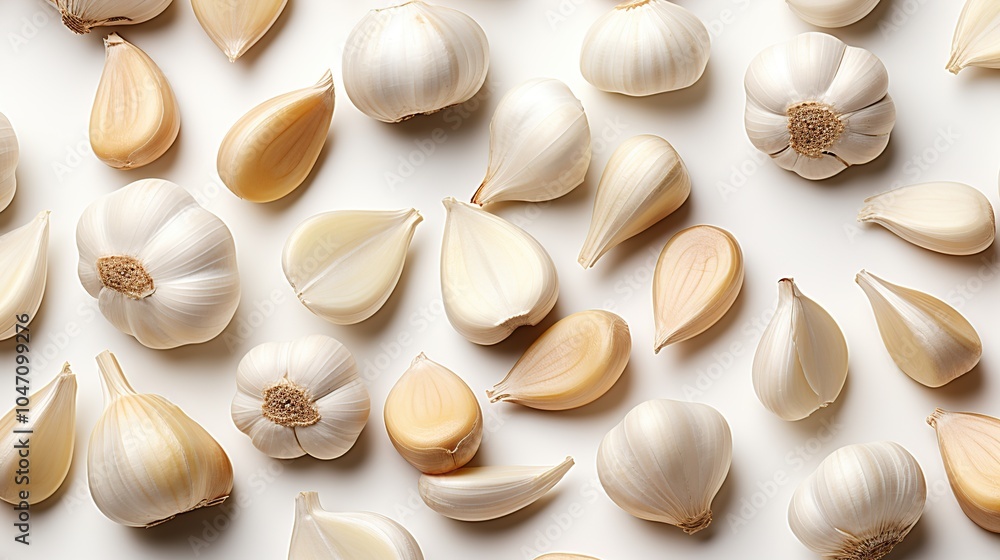A close-up shot of whole garlic bulbs, cloves, and peeled garlic cloves arranged in a pattern on a white background. A close-up shot of whole garlic bulbs, cloves, and peeled garlic cloves arranged in a pattern on a white background.