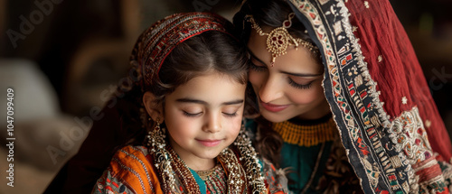 mother and daughter share tender moment, adorned in traditional Indian attire, showcasing intricate jewelry and vibrant colors. Their expressions reflect love and cultural heritage photo