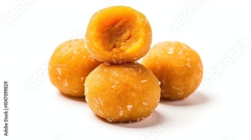 Four golden round sweet treats with white coconut flakes, one partially bitten into.