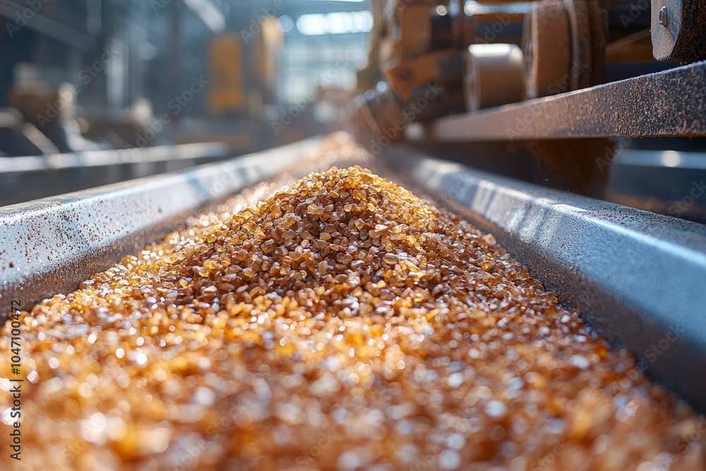 Close-up of a pile of golden amber stones on a metal conveyor belt in a factory Close-up of a pile of golden amber stones on a metal conveyor belt in a factory