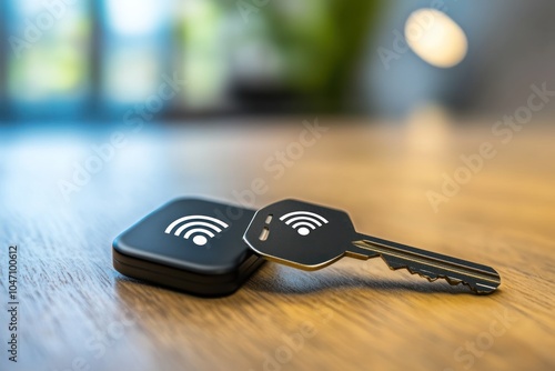 Wireless Key with Wifi Symbol on Wooden Surface photo