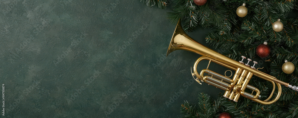 close up of trumpet adorned with festive Christmas wreaths, creating joyful holiday atmosphere. shiny brass contrasts beautifully with greenery and ornaments