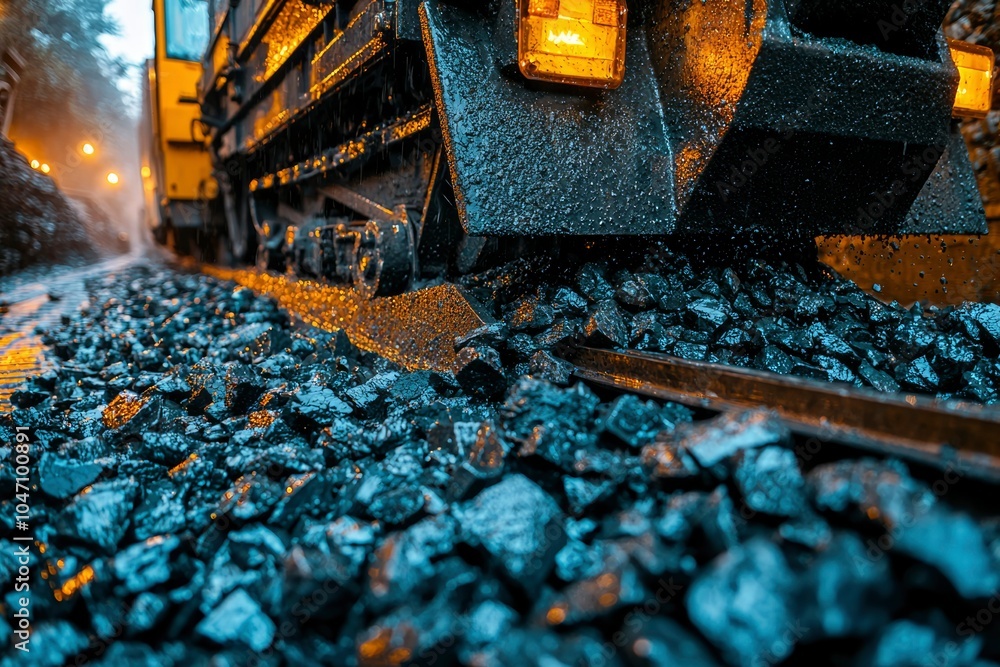 Obraz premium Close-up of a Train's Tracks Covered in Gravel and Illuminated by a Warm Glow