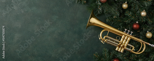 Obraz na płótnie close up of trumpet adorned with festive Christmas wreaths, creating joyful holiday atmosphere. shiny brass contrasts beautifully with greenery and ornaments w salonie