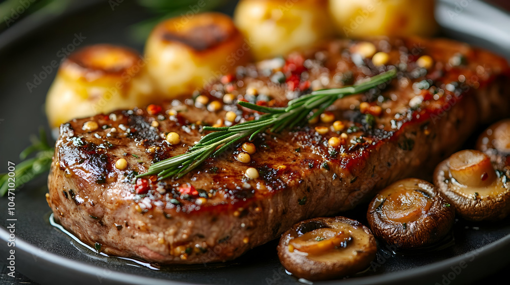 Grilled Steak with Mushrooms and Rosemary - Food Photography Grilled Steak with Mushrooms and Rosemary - Food Photography