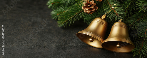 Golden Christmas handbells are beautifully arranged with pine branches and cones, creating festive atmosphere perfect for holiday celebrations photo