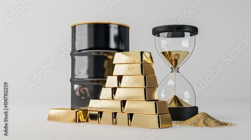 Gold Bars, Oil Barrel, and Hourglass on White Background photo