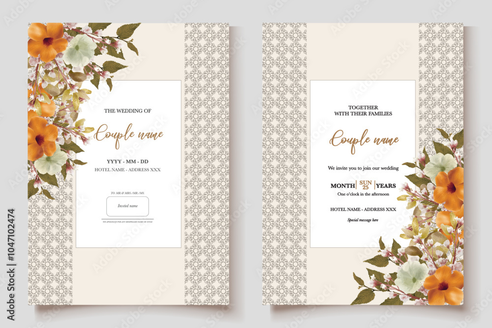 Fototapeta premium WEDDING INVITATION FRAME WITH FLOWER DECORATIONS AND FRESH LEAVES